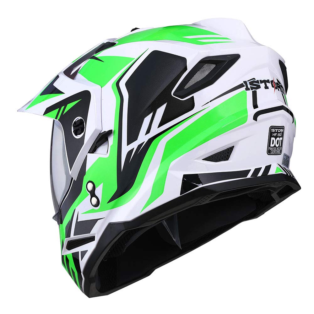 1Storm Dual Sport Motorcycle Helmet - Full Face, Dual Visor, Small, Storm Force Green, Model HF802, Plastic