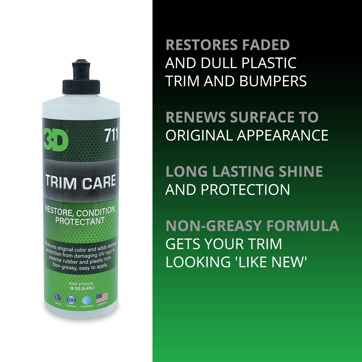 3D Trim Care Restorer Of Faded & Dull Plastic, Rubber, Trim & Bumpers - Renews Surface To Original Appearance - Long Lasting Shine & Protection 16Oz.