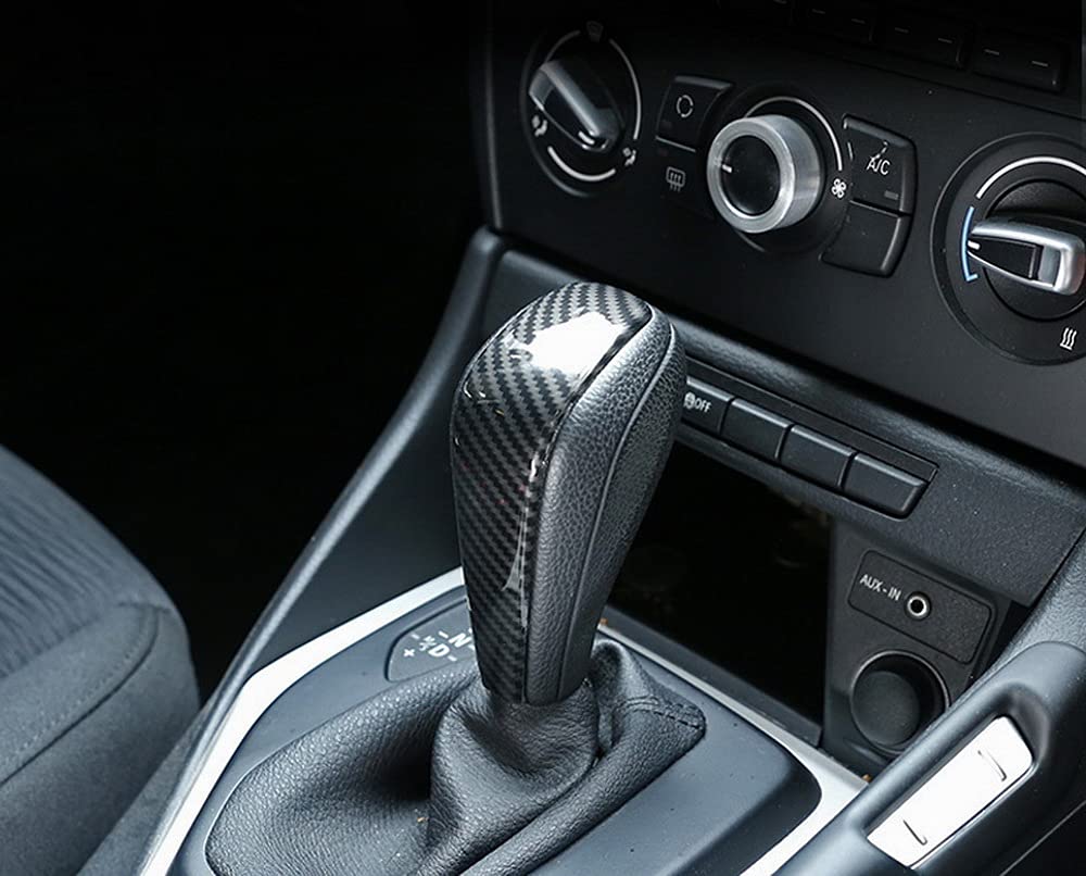 Ijdmtoy Glossy Black Carbon Fiber Pattern Shift Knob Cover Shell Compatible With Bmw E87 1 Series, E90 E92 3 Series E84 X1 Automatic Shifter