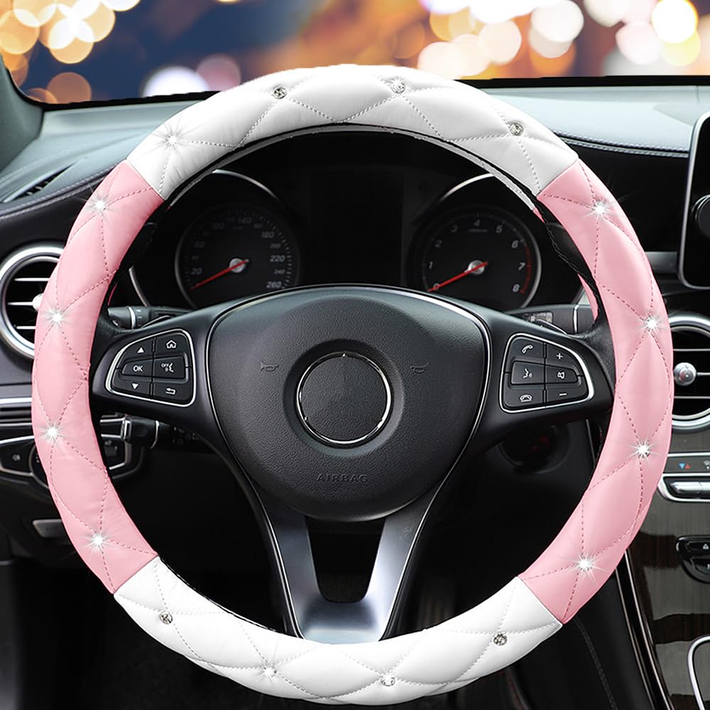 Yogurtck Cute Diamond Soft Leather Steering Wheel Cover With Bling Bling Crystal Rhinestones, Universal 15 Inch For Women Girls,
