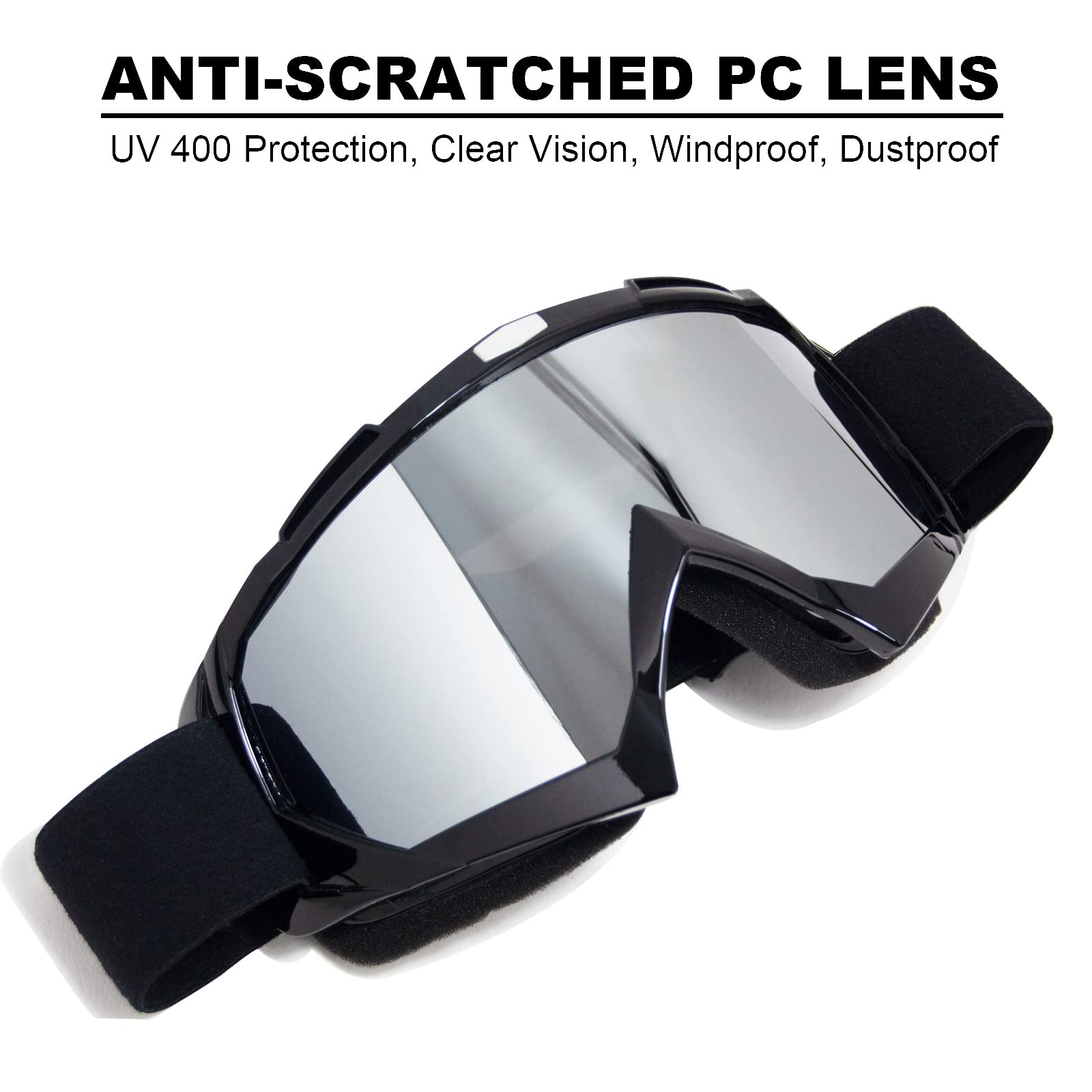 Copvner Motocross Goggles, Silver Lens, Black Frame, Adjustable Strap, Offroad Goggles For Adults Men Women Youth Kids, Uv Prote