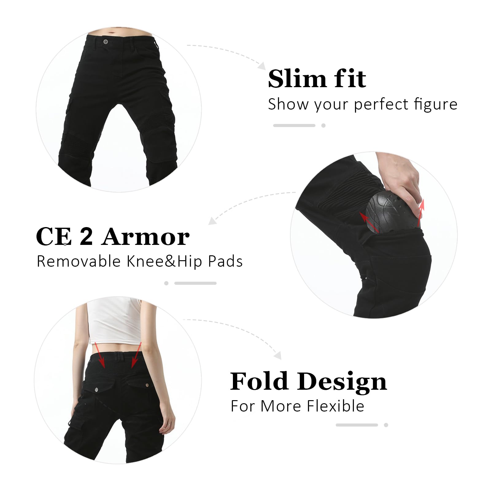 LOMENG Motorcycle Riding Pants Motorcycle Jeans Slim Fit with CE Knee Hip Removable Protectors Armor for Women Black S 28