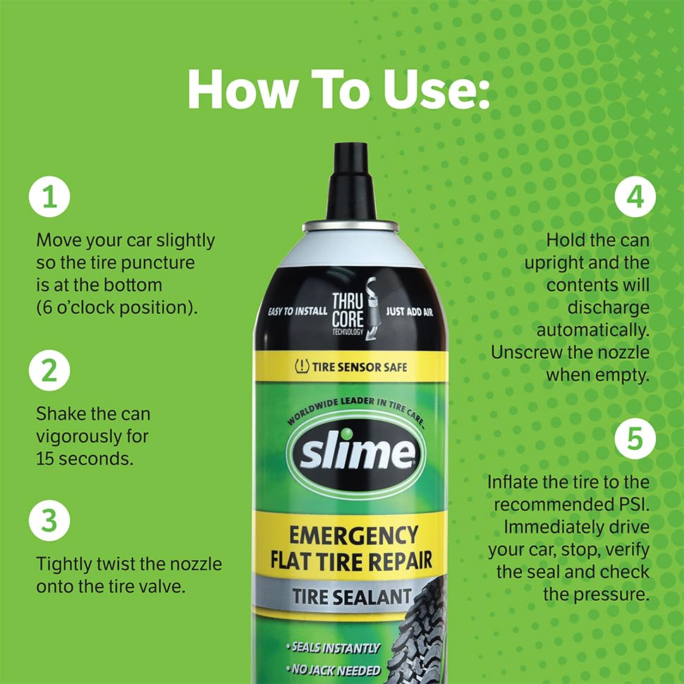 Slime 60187-6Pk Flat Tire Puncture Repair Sealant, Emergency Repair For Highway Vehicles, Suitable For Cars/Trailers, Non-Toxic,