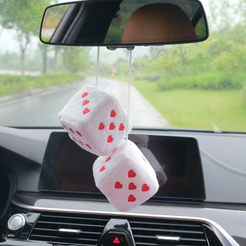 Pair 3    Fuzzy Plush Dice Heart Shape Decor For Car Rearview Mirror, Retro Square Decoration Dice For Car Hanging Accessories (