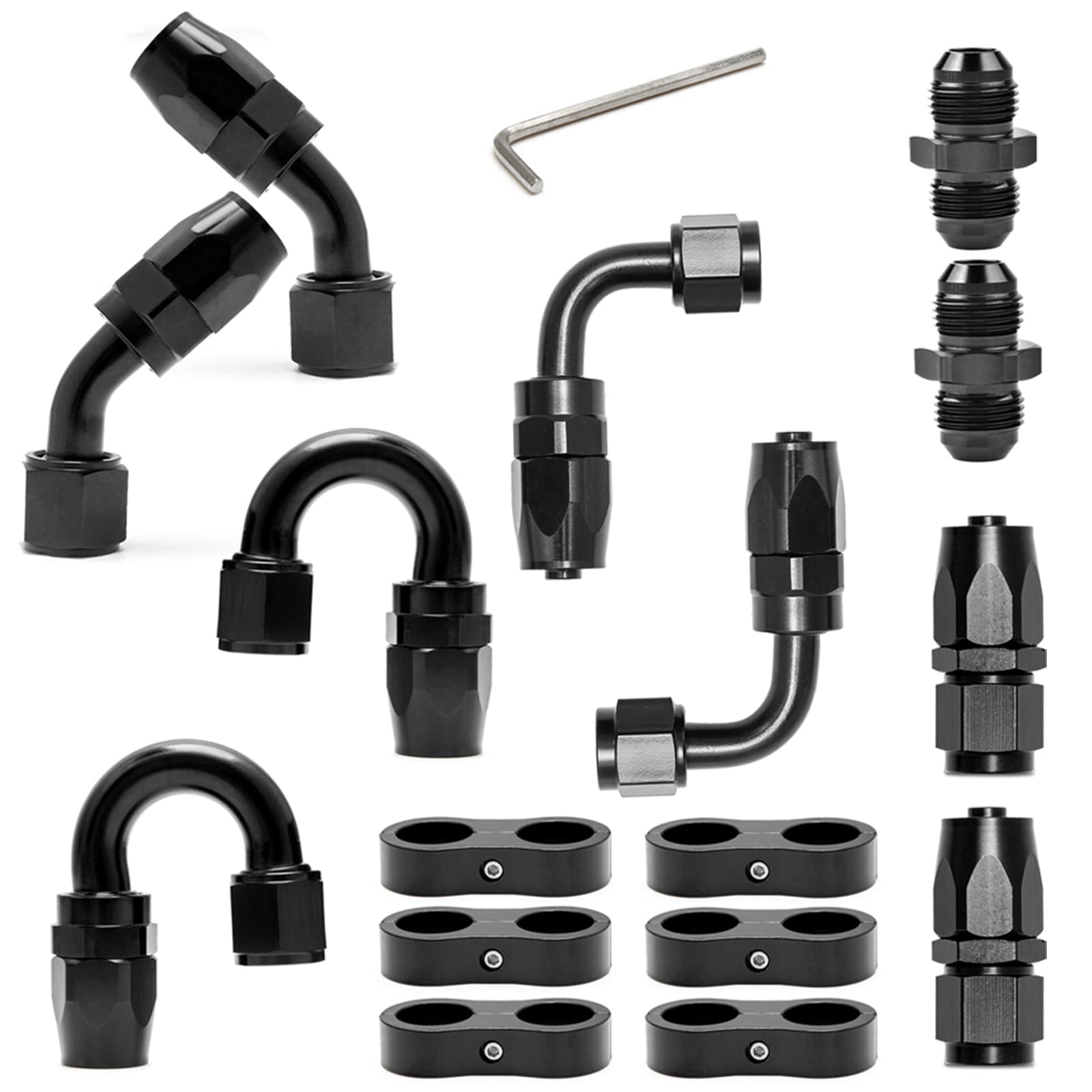 6An Swivel Fuel Hose End Fitting Straight 45 Degree 90 Degree 180 Degree 6An Hose Separator Clamp 6An To 6An Male Coupler Adapter Fitting For Braided Fuel Line Aluminum Black
