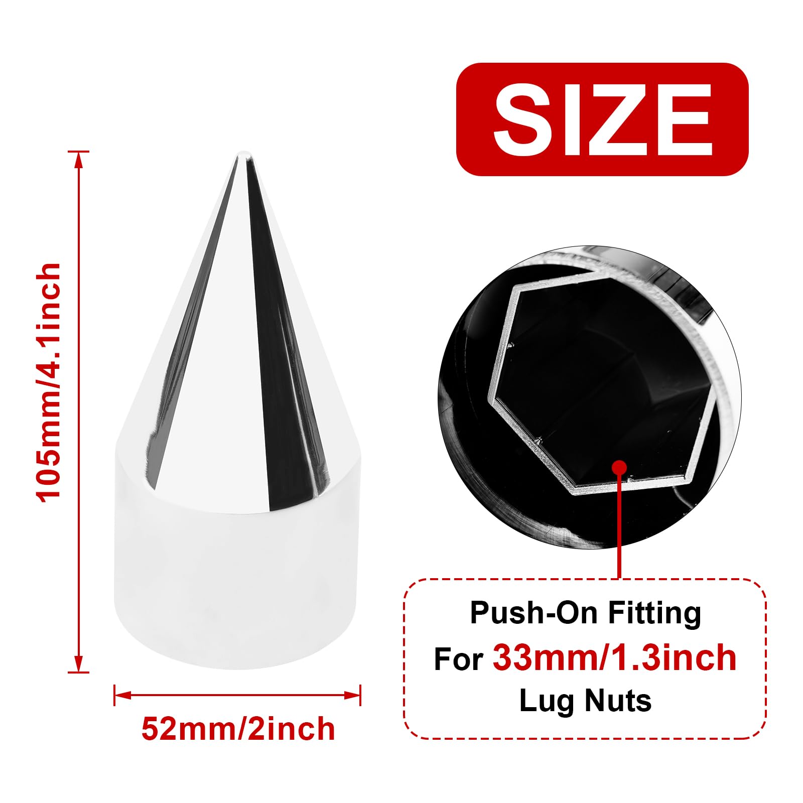 Cabtherlyn 33mm x 4 1/4'' Chromed Spike Lug Nuts Covers Push on,ABS Chrome Plastic Caps Pointed Push-on Lug Nut Cover for Semi T