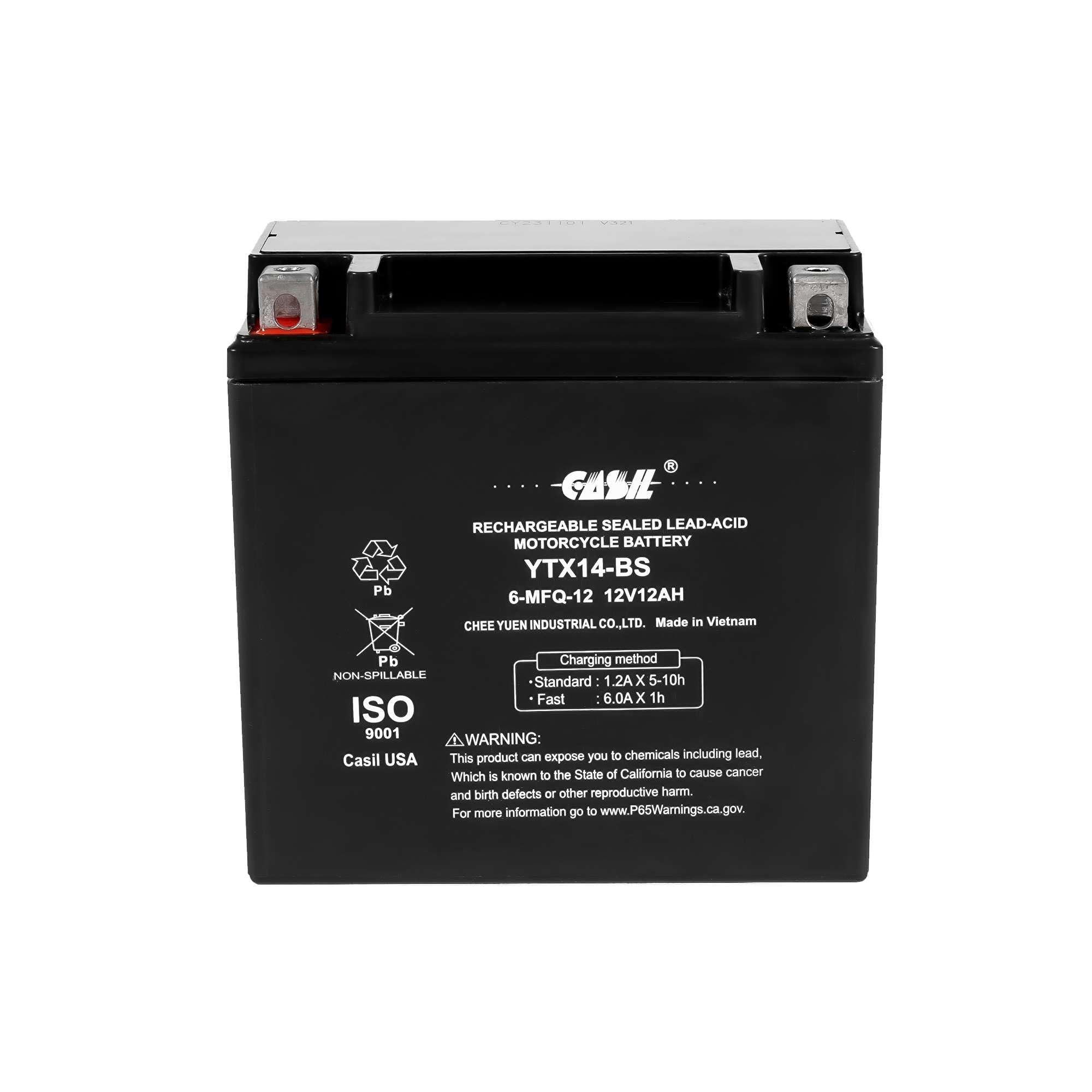 YTX14-BS Battery 12V 12AH 200 Cca - High Performance AGM SLA Power Sport Battery by Casil