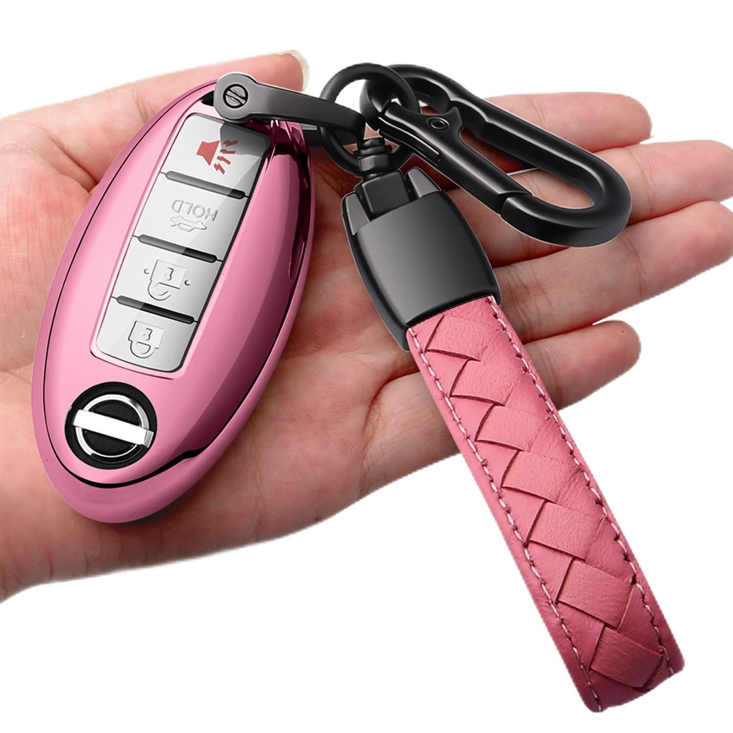 Autophone Compatible With Nissan Key Fob Cover With Leather Keychain Soft Tpu 360 Degree Protection Key Case For Altima Maxima Rogue Armada Pathfinder Smart Key 3 4 5-Button,Pink