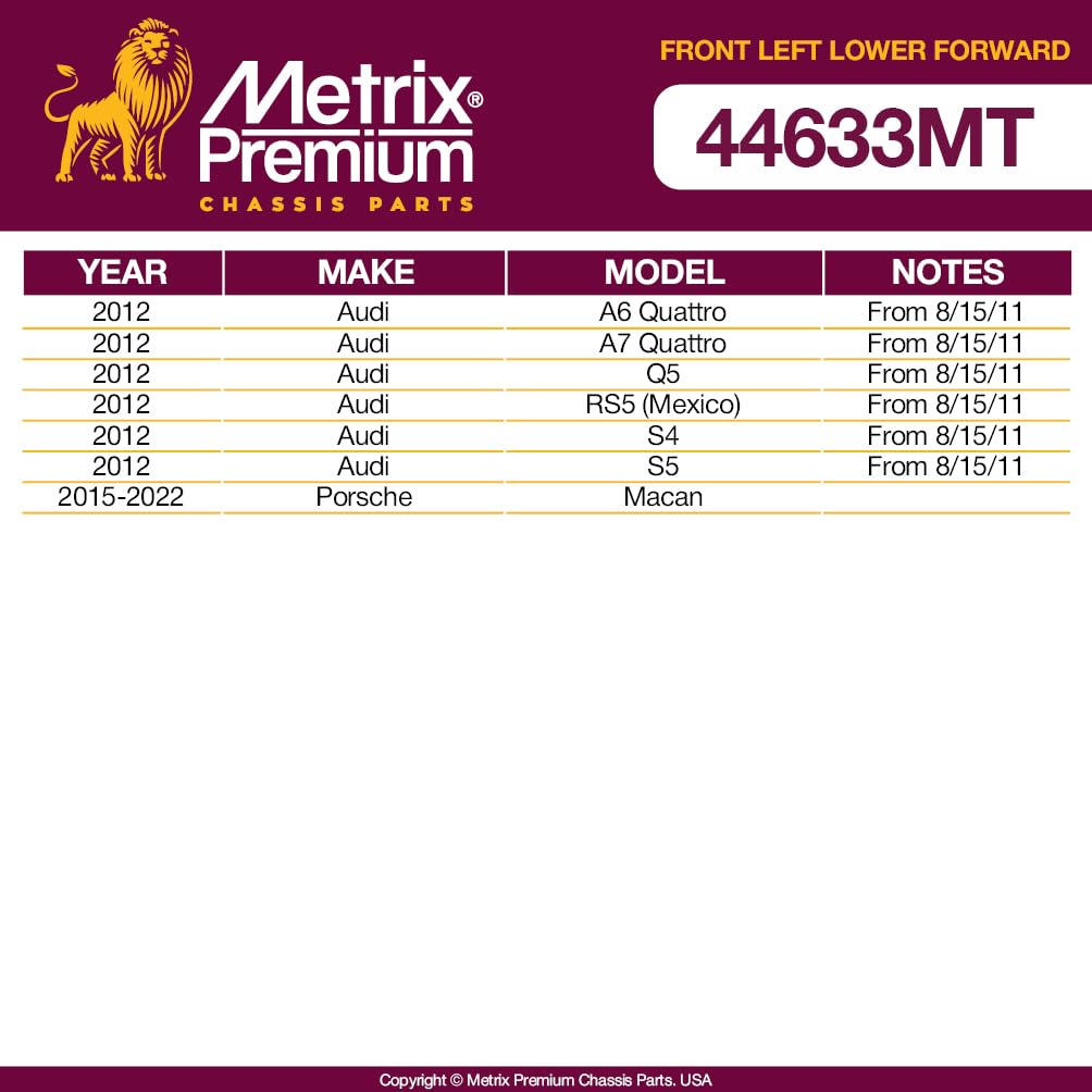 Metrix Premium Chassis Parts - Front Left Lower Forward Control Arm Fits 16 Audi A5 (Mexico), 16-17 A7 Mexico, 14-18 Rs7, 14-17