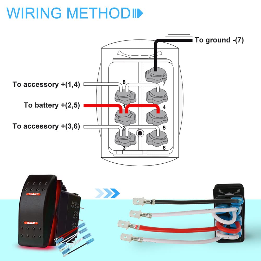 HOKAAER Waterproof Rocker Switch Toggle On-Off-On 12V/20A 24V/10A 7Pin DPDT Red LED Light, with Jumper Wires Set for Marine Boat
