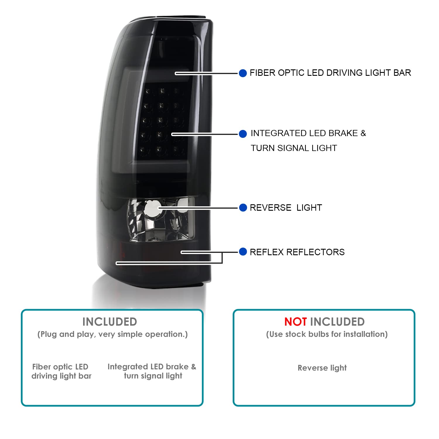 Spec-D Tuning Black Smoke LED Bar Tail Lights Compatible with 1999-2002 Chevy Silverado GMC Sierra 1500/2500/3500 Models Left +