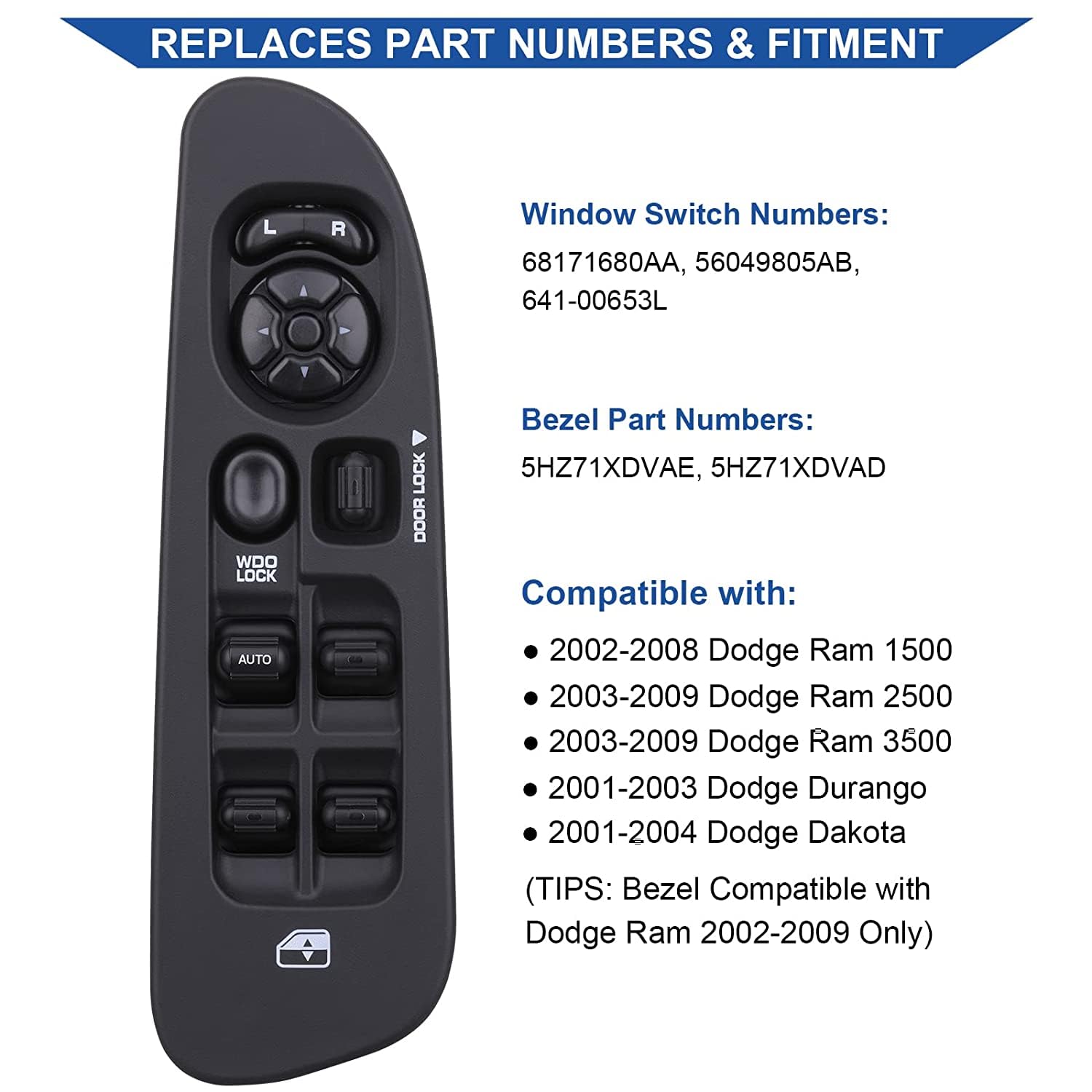 Master Power Window Switch And Bezel 56049805Ab, Compatible With 2002-2009 Dodge Ram 1500 2500 3500, 2001-2004 Dodge Dakota, 01-