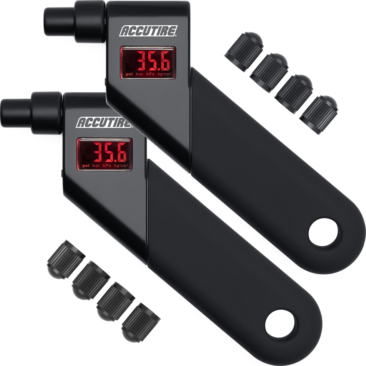 Accutire MS-4021B Digital Tire Pressure Gauge (2-Pack) with 4 Valve Caps, 5-150psi (psi, bar, kPa, kg/cm2) (2 Black Units)
