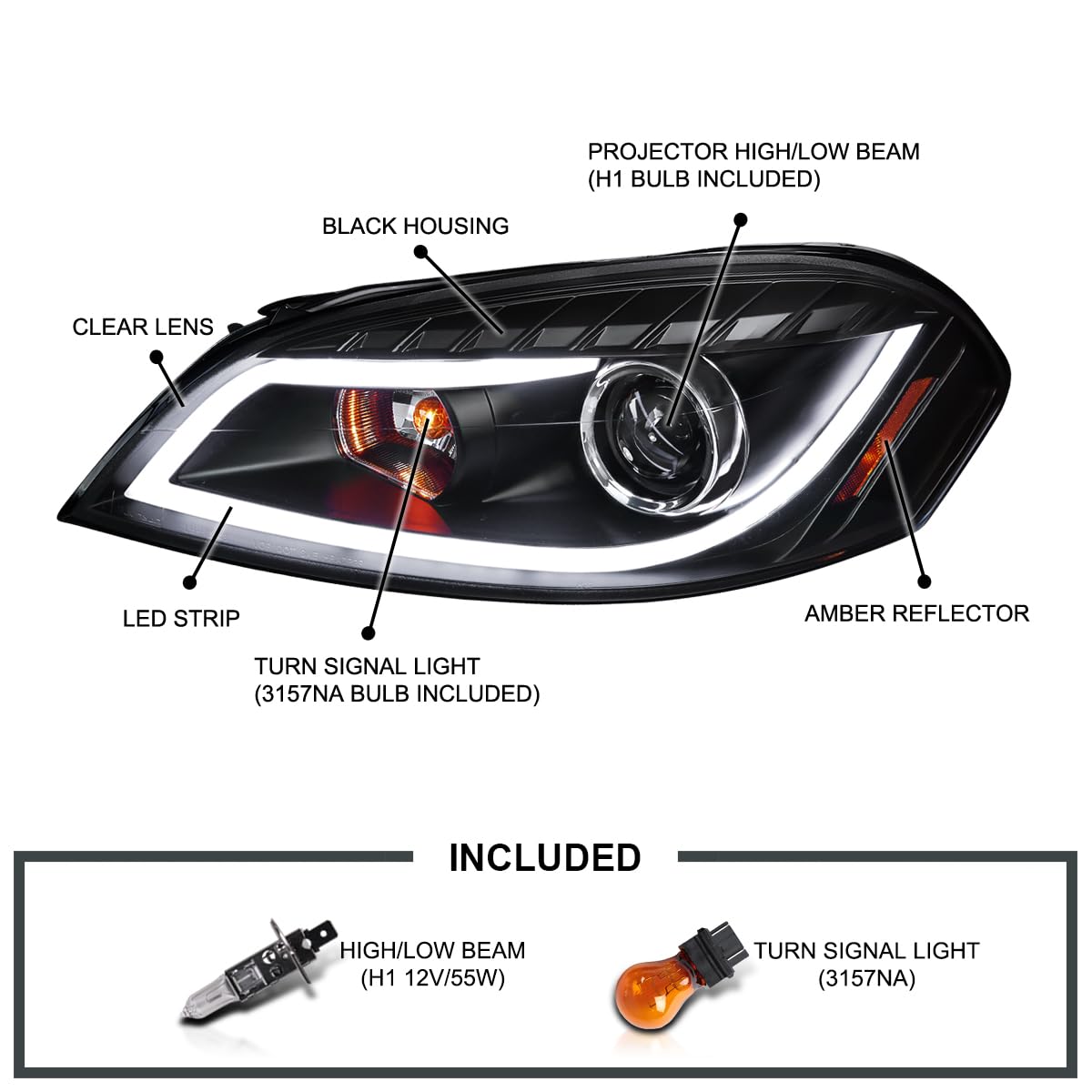 Spec-D Tuning Led Strip Bar Black Projector Headlights Compatible With 2006-2013 Chevy Impala, 2006-2007 Chevy Monte Carlo, 2014-2016 Chevy Impala Limited, Left + Right Pair Headlamps Assembly