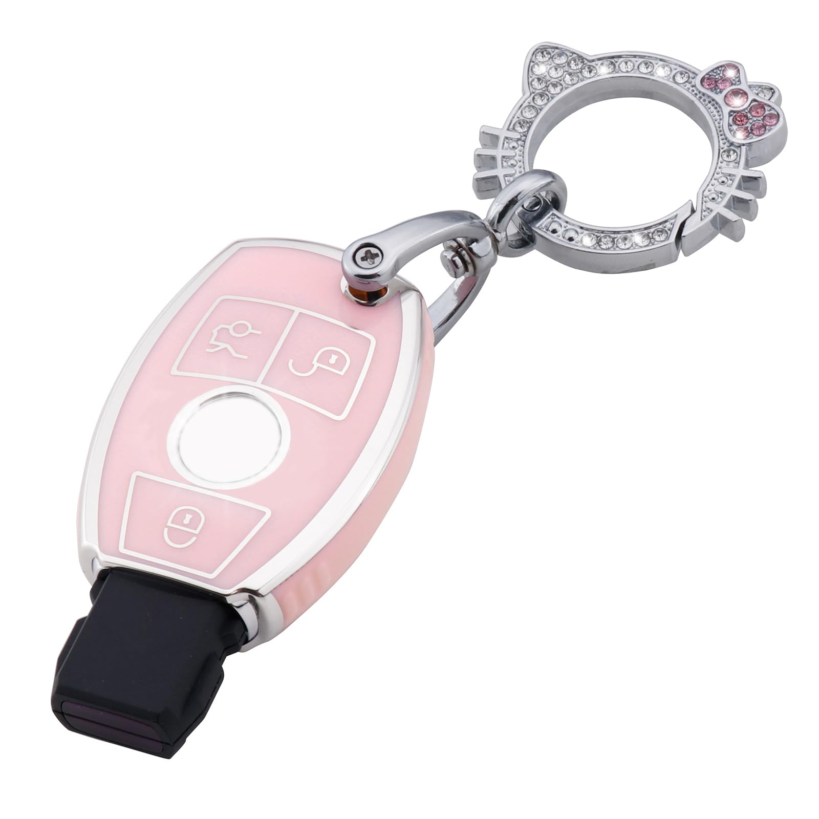 Pangpai Pink Key Fob Cover for Mercedes Benz, Soft TPU Key Case Protection with Bling Keychain Fit for C E S M CLS CLK G Class