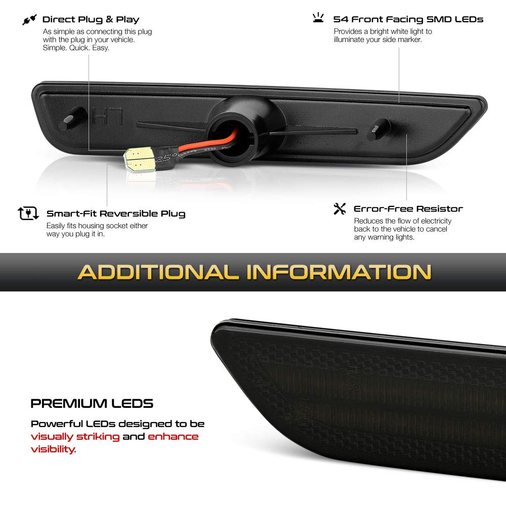 Vipmotoz Full White Led Smoke Lens Front Side Marker Light Parking Lamp For 2010-2014 Ford Mustang S197, Driver & Passenger Side