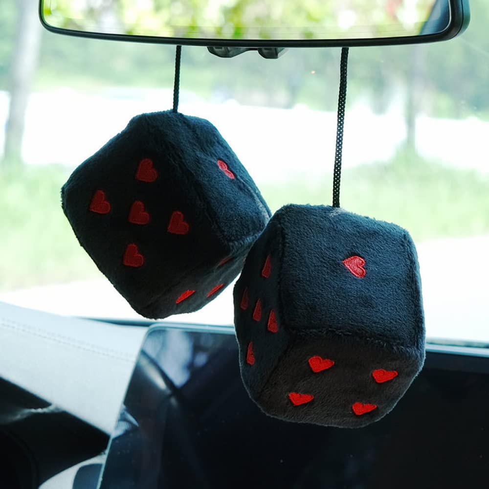 Pair 3” Fuzzy Plush Dice Heart Shape Decor For Car Rearview Mirror, Retro Square Decoration Dice For Car Hanging Accessories (Black-Red)