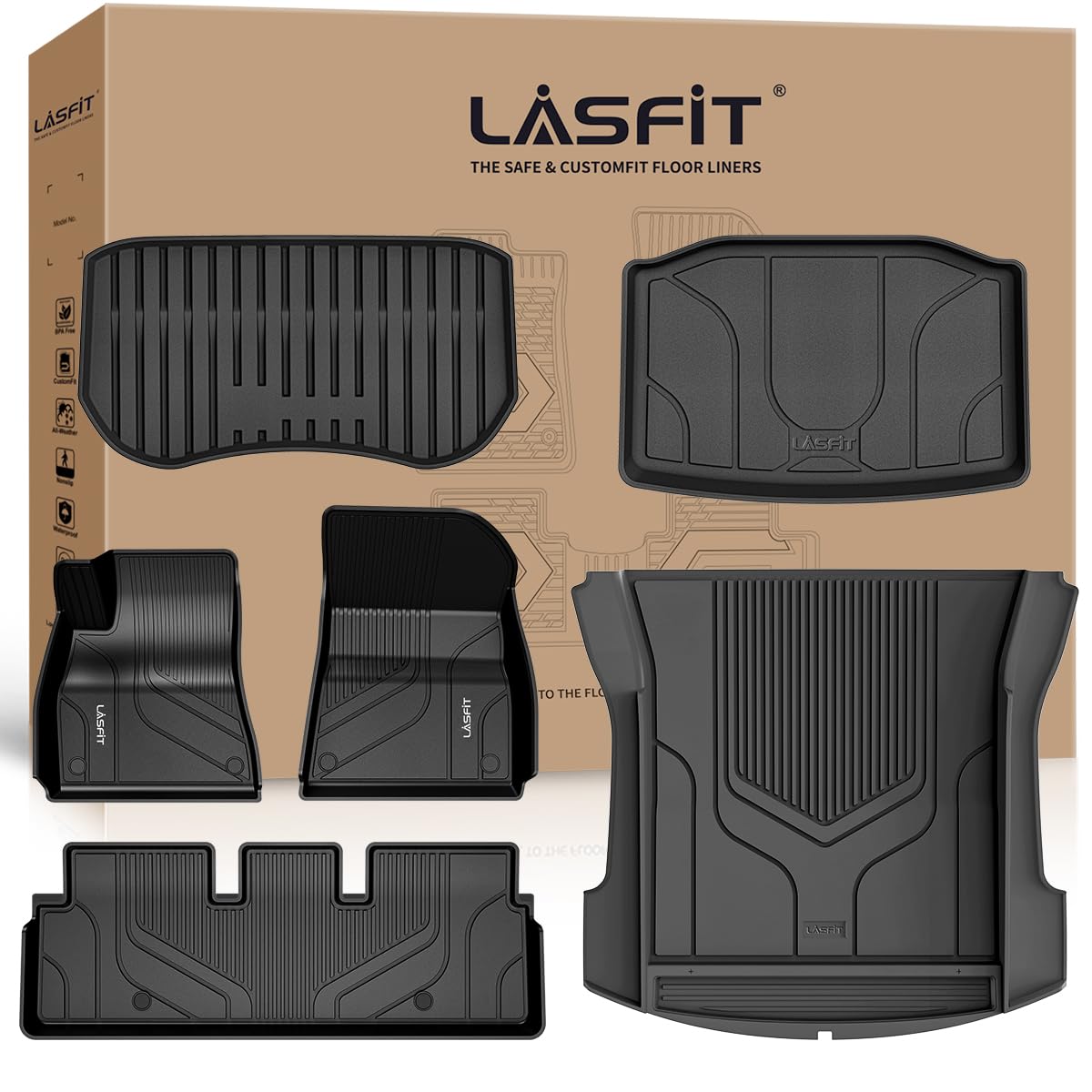 Lasfit Premium Extra Thick Floor Mats & Trunk Mat For Tesla Model 3 2023 2022, Custom Fit Tpe All Weather Frunk Front Rear Cargo