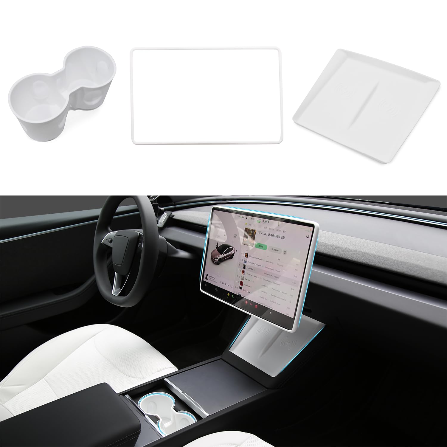 TOPABYTE 3PCS Center Console Accessories for Tesla Model Y Juniper Model 3 Highland 2025 2024 Cup Holder Insert, Screen Edge Pro