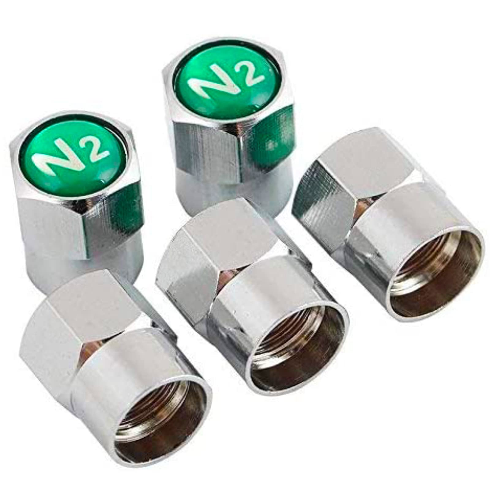 GODESON Chrome Plated Brass Tire Valve Stem Caps with N2 Nitrogen Logo, Green, 0.53 inch, 5 pcs Set + 1 Spare