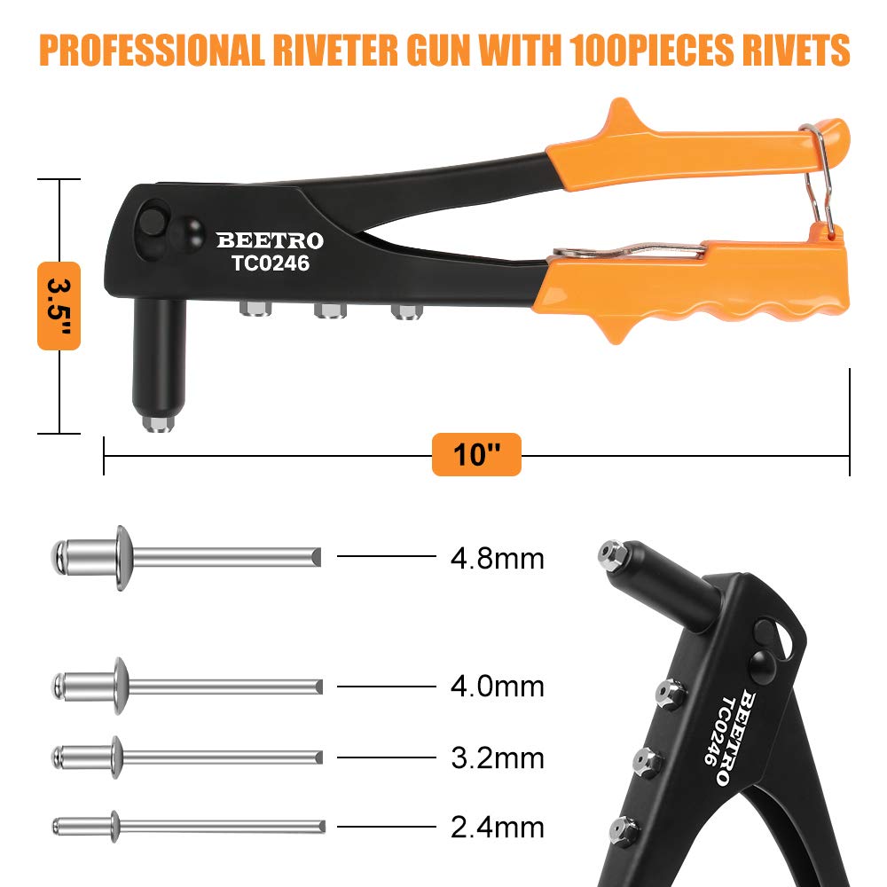 Beetro Heavy Duty Hand Riveter, Rivet Gun, 3/32''-1/8''-5/32''-3/16'', 4 Nosepieces Set Includes 100Pcs Rivets, Durable And Suit