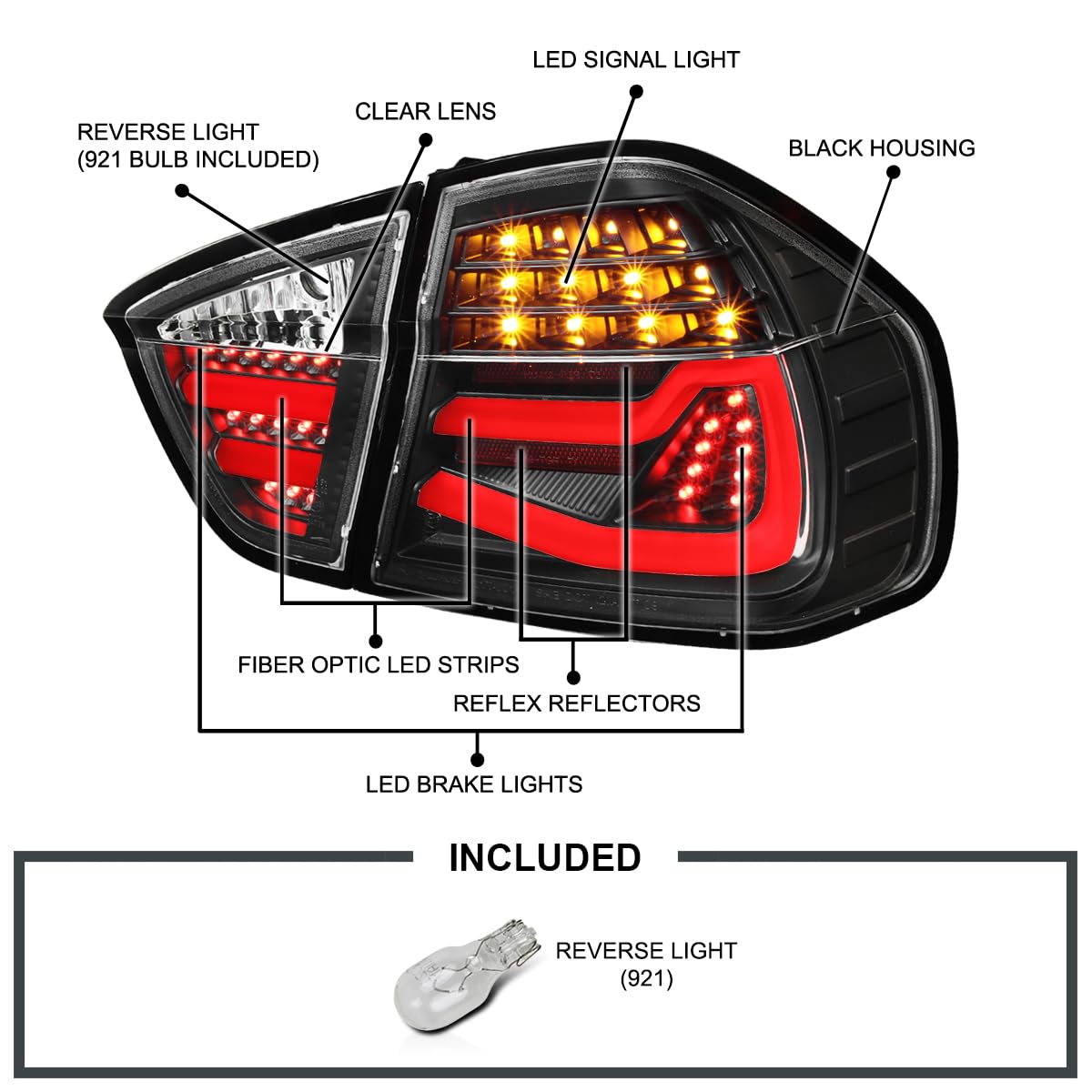 SPEC-D Tuning LED Tube Tail Lights for 2005-2008 BMW E90 3-Series Sedan, Black Housing Clear Lens, Left + Right Pair, Model LT-E9005JMLED-T