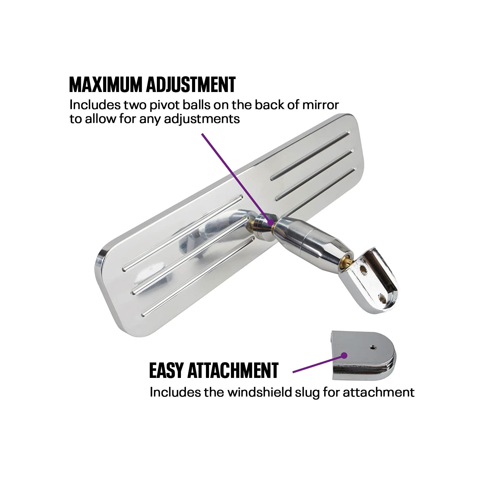 Speedway Motors Polished Ball Milled Billet Aluminum Interior Rear View Mirror, Attached Pivot Ball Allows Easy Adjustment, Rectangular Shape, 9.25” Wide x 2.38” Tall