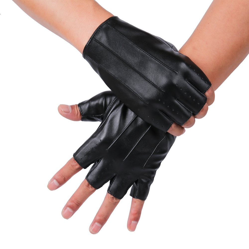 Jisen Men Pu Leather Punk Half Finger Snap Performance Gloves Z-Black