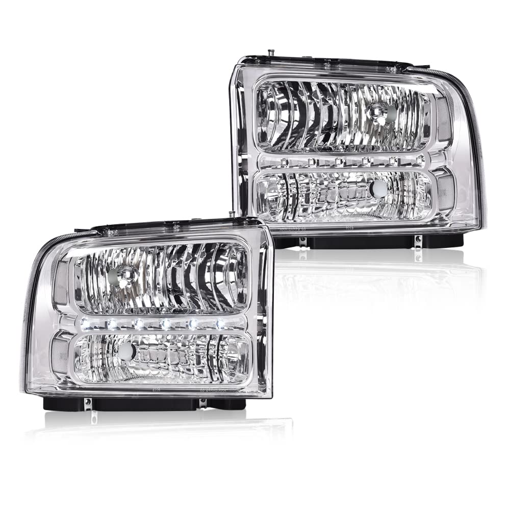 Cheda Led Drl Headlights Assembly, Compatible With 2005-2007 Ford F250 F350 F450 F550 Super Duty Bumper Headlamp(Clear Lens Chro