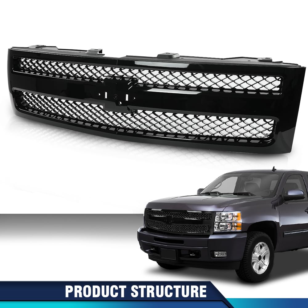 Pit66 Front Grille Grill Textured Black Compatible With Chevy Silverado 1500 Ls Lt Ltz Wt 2007-2013 /Silverado 1500 Hybrid 2009-