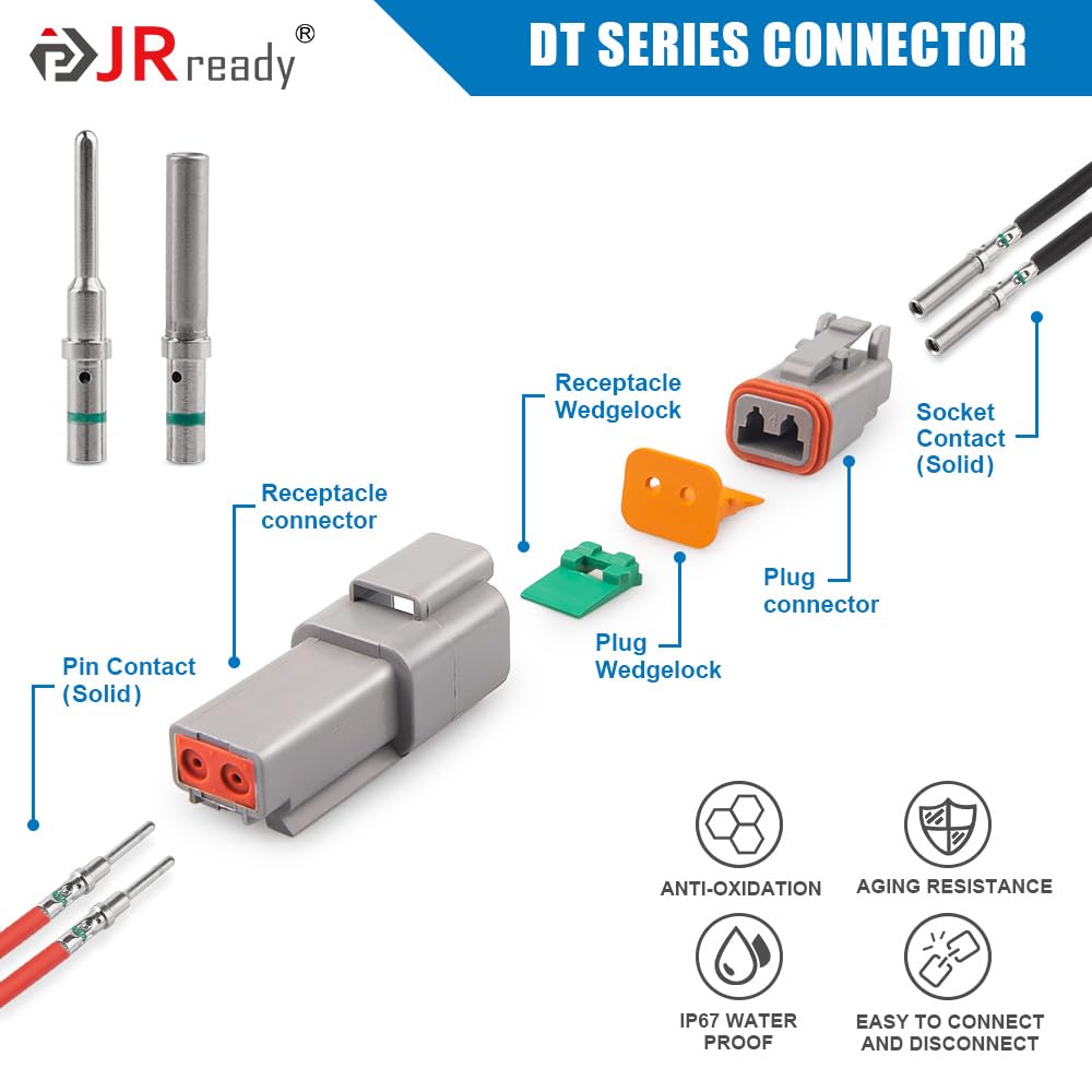 Jrready St6318-201 Dt Deutsch Connector Kit - 8 Sets 2 Pin Gray Waterproof Dt Connectors With Size 16 Solid Contacts 14-20Awg