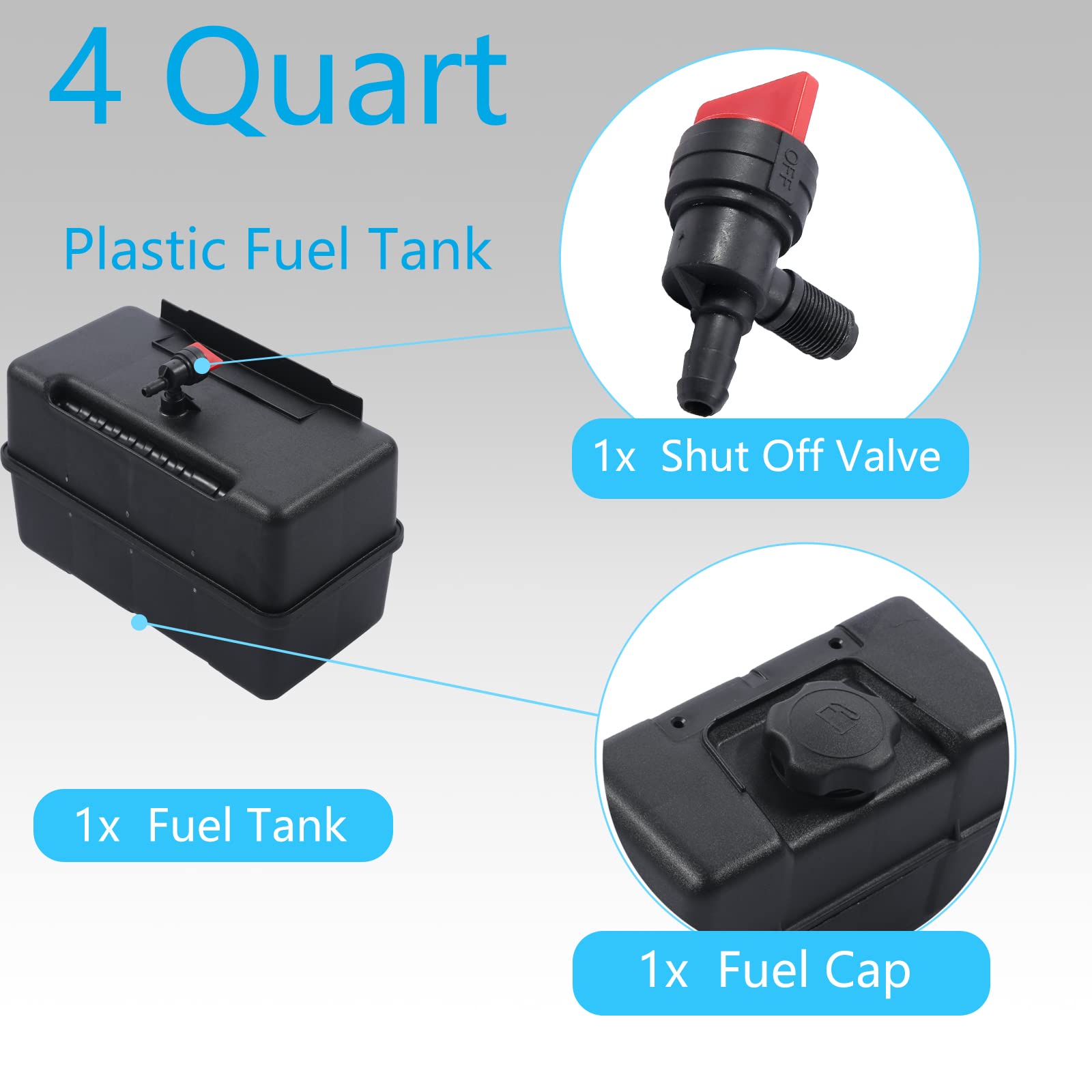 Misakomo 691993 Fuel Tank - 4 Quart Plastic Gas Tank With Shut Off Valve And Cap - Fuel Gas Tank Compatible With Lawn And Garden