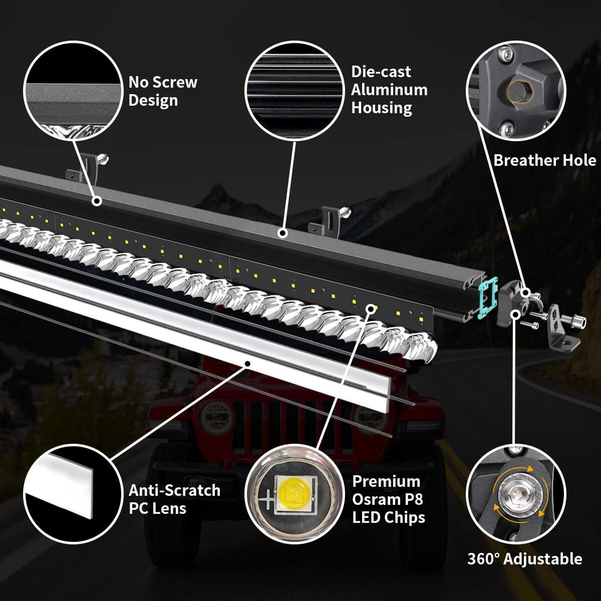 Lasfit 52 Inch Led Light Bar, Ip67 Waterproof Single Row Led Bar, Off Road Driving Light, Spot Flood Beam Light Bar For Wrangler