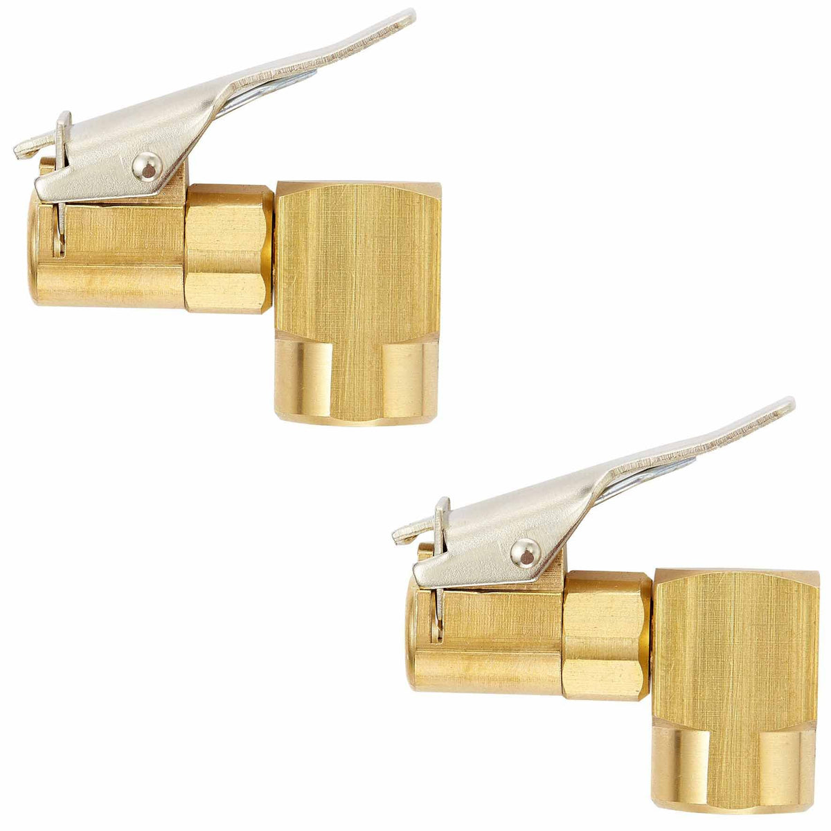 Pronese 2PCS Heavy Duty Brass Air Chuck,1/4 Open Flow Right Angle Tire Inflator Lock-On SwivelAir Chuck with Clip, Silver & Go