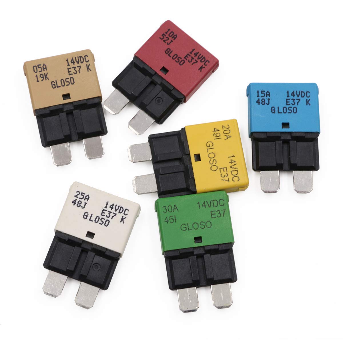 T Tocas E37 Auto (T1) Reset Low Profile Atc/Ato Circuit Breaker 5A 10A 15A 20A 25A 30A, 14V Dc (6Pcs Mixed)