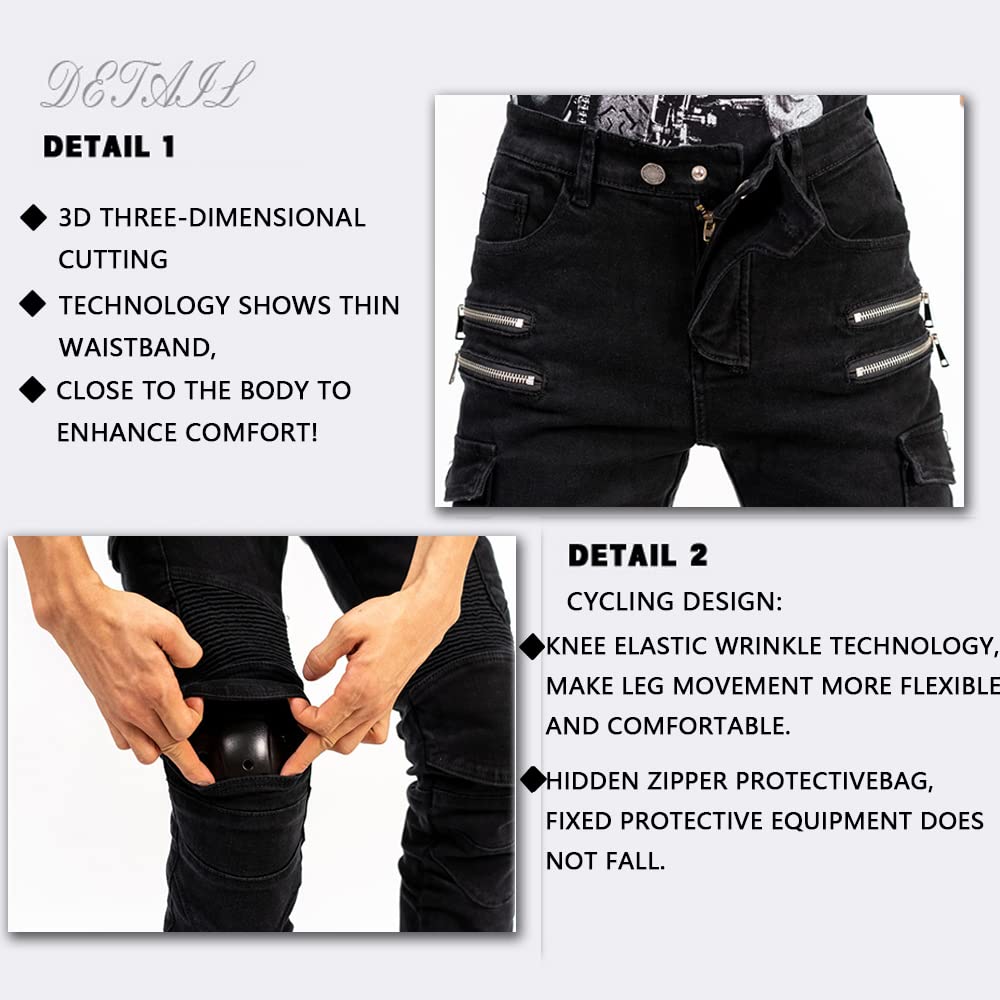 LOMENG Motorcycle Riding Pants Motorbike Motocross Cycling Jeans Safety CE Knee Hip Removable Armored All Seasons for Men Black