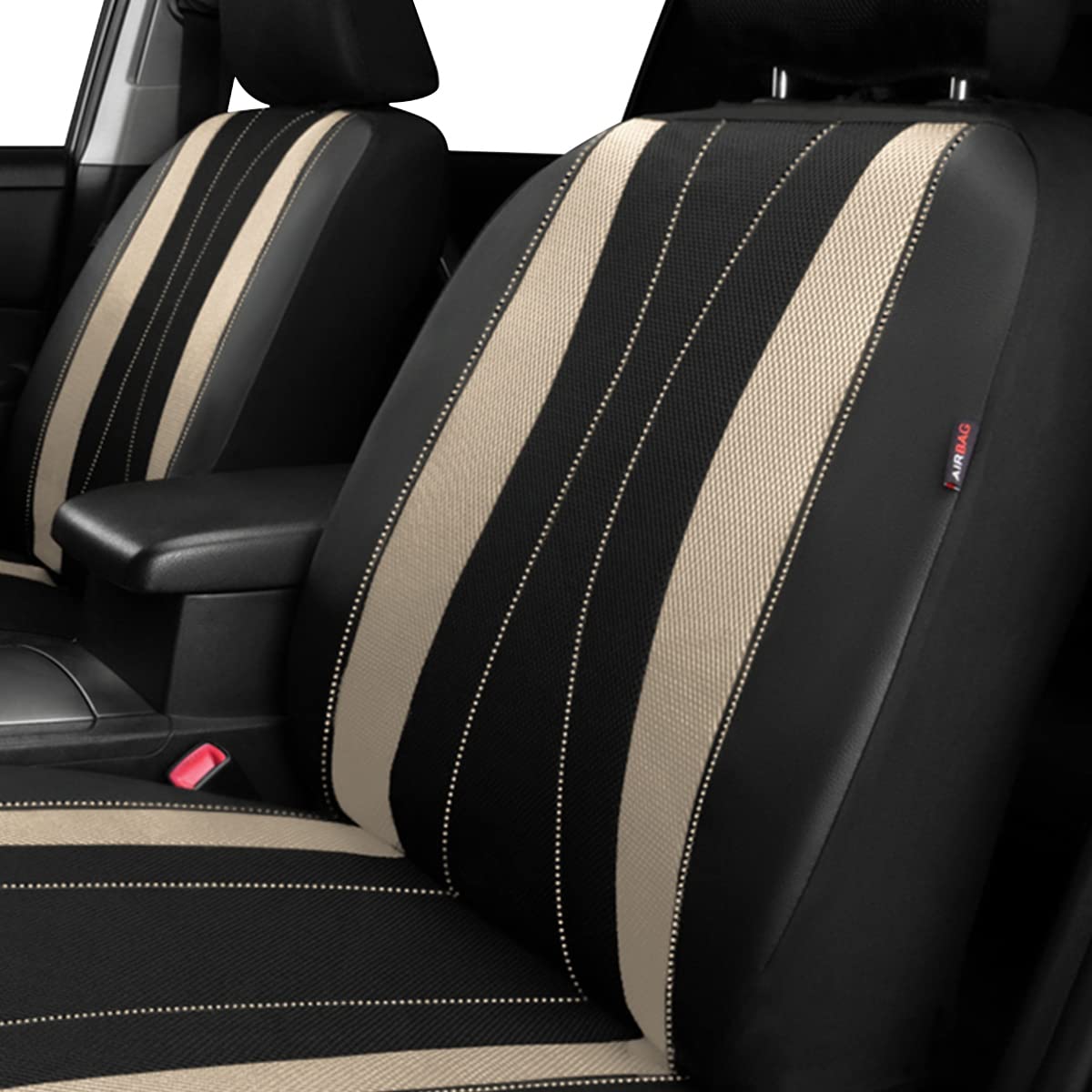 Flying Banner car seat Covers Set airmesh Breathable Fashion Easy Bench Split Protectors Sport Fashion (Black Beige, Full Set -