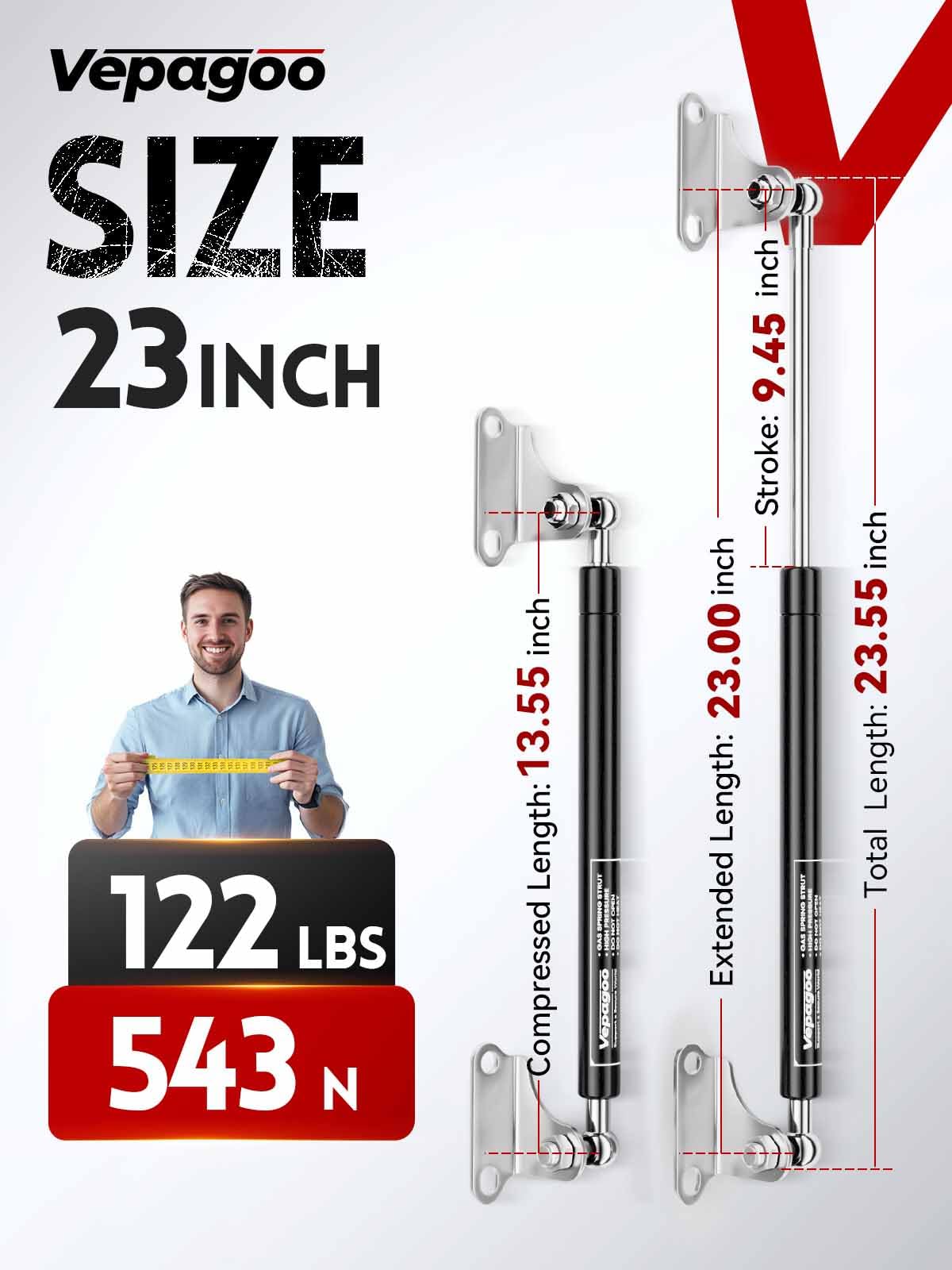 Vepagoo 23 Inch 122Lb/543N Gas Struts Shock With Mounting Brackets, Lift Supports For Rv Bed Storage Trailer Basement Door Box C
