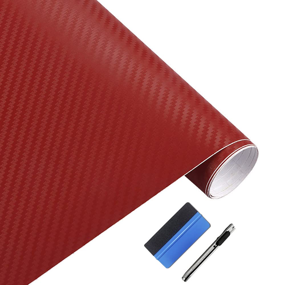 Lzlrun 3D Red Carbon Fiber Vinyl Wrap - Outdoor Rated For Automotive Use - 1Ft X 10Ft With Knife + Squeegee