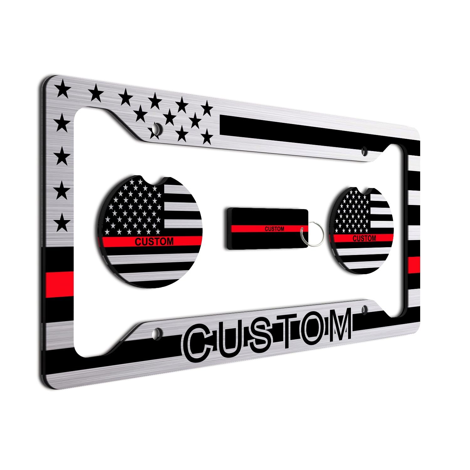 Thin Red Line - Personalized American Flag License Plate Frame + 2 Coasters And A Keychain