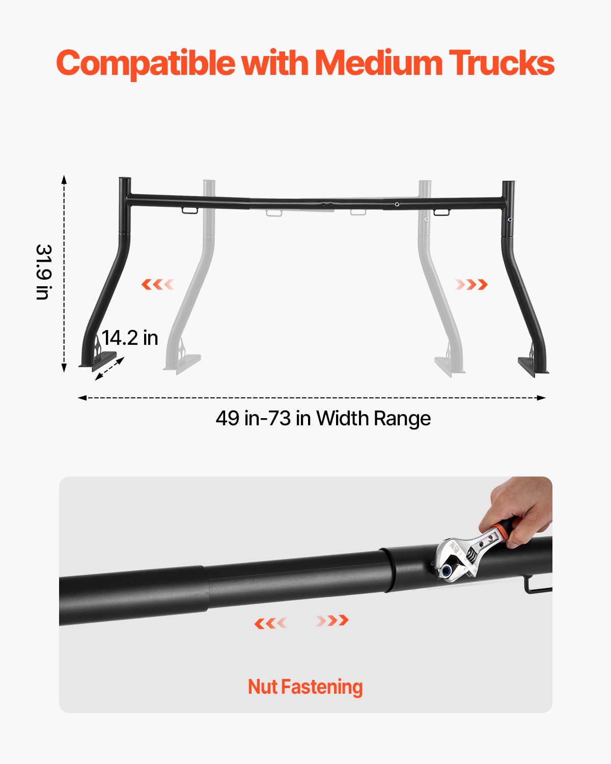 Vevor Truck Ladder Rack, 49-73 In Width, Extendable Universal Cargo Rack, Heavy Duty Steel With 800 Lbs Static Load Capacity, Id
