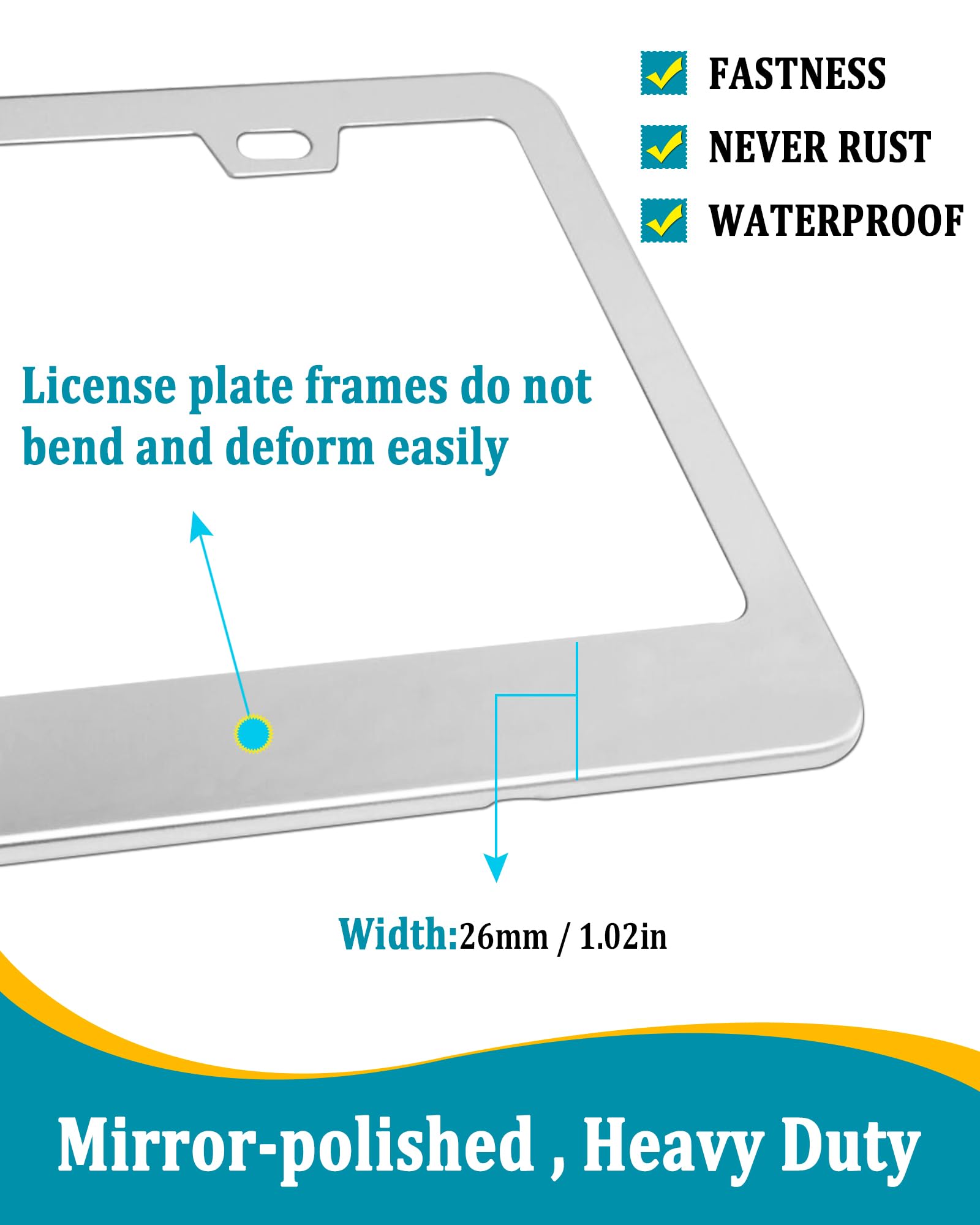 Aootf Stainless Steel License Plate Frames- Heavy Duty Polish Mirror Car Tag Cover With Chrome Screw Caps, 2 Hole 2 Pack Front &