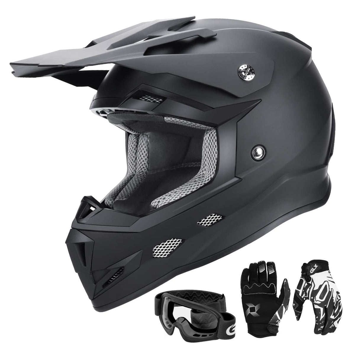 Glx Gx623 Dot Kids Youth Atv Off-Road Dirt Bike Motocross Motorcycle Full Face Helmet Combo Gloves Goggles For Boys & Girls (Mat
