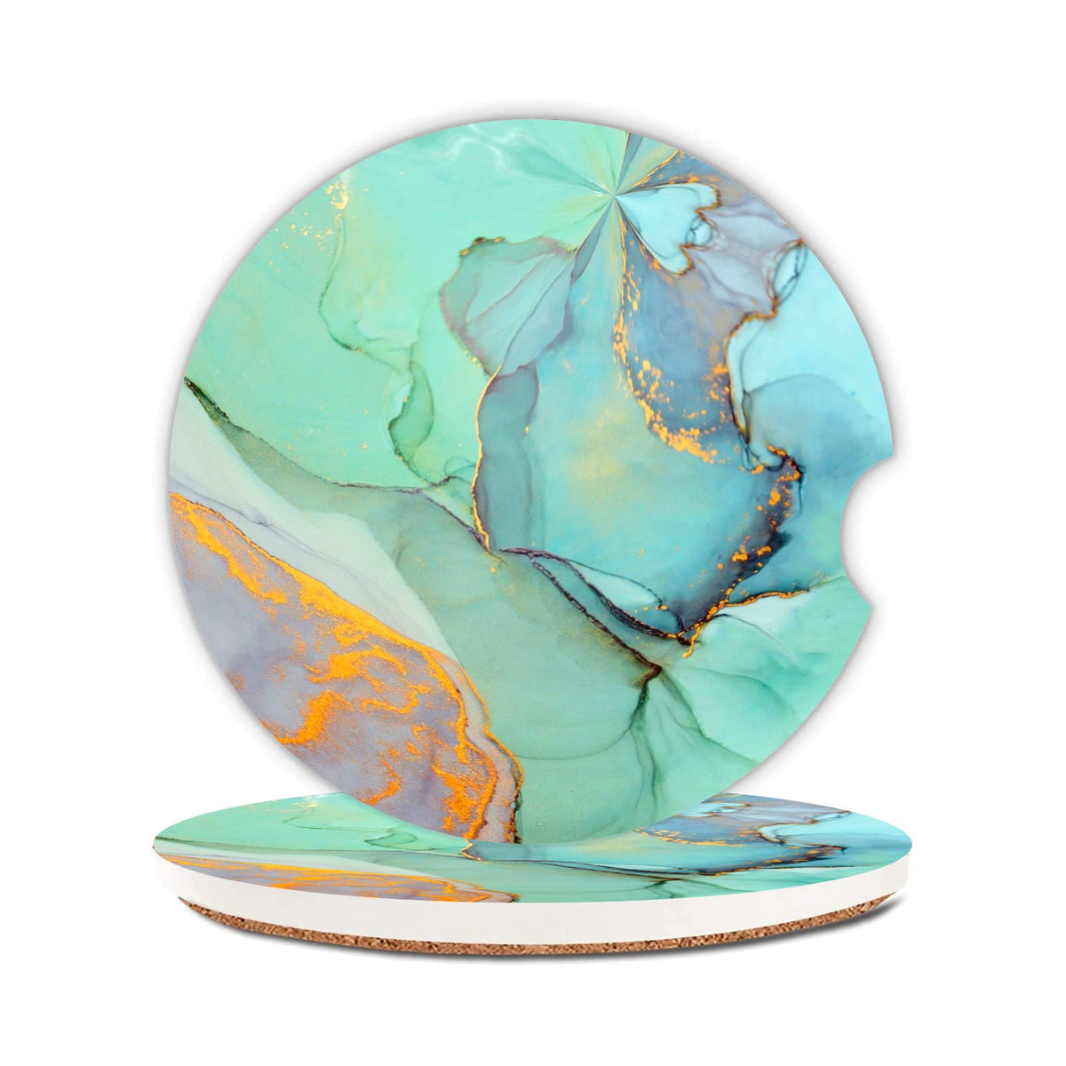 Blue Green Gold Marble Car Coasters 2 Pack Car Cup Holder,Absorbent Ceramic Coaster with Cork Back and Finger Slot,Cup holder Ac