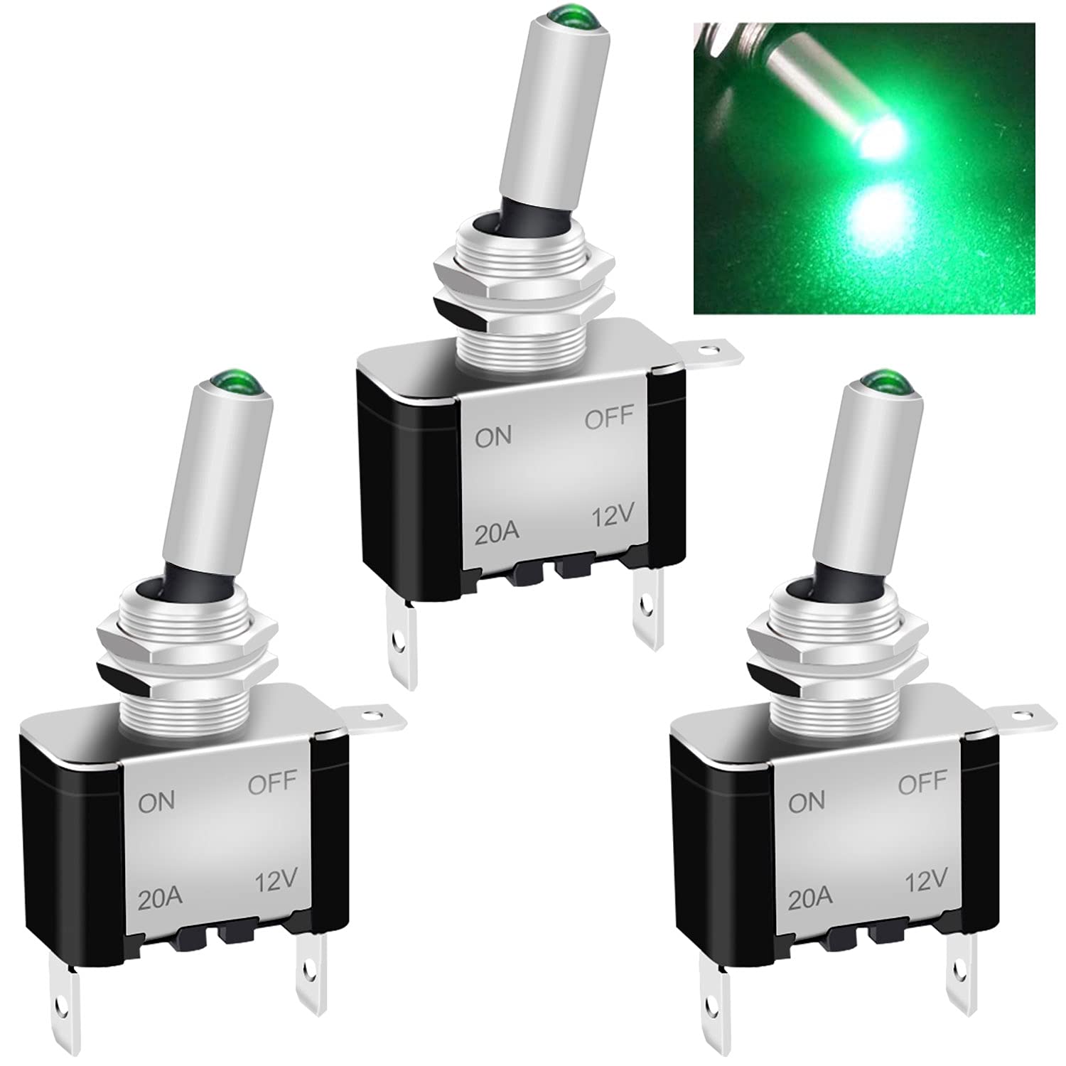Twidec/3Pcs Rocker Lighted Toggle Switch 12V 20A Heavy Duty Racing Car Automotive Auto Spst On/Off Toggle Switch Green Led Illuminated 3Pin Asw-07Dg