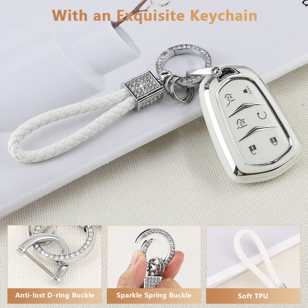 Pifoog Escalade Key Fob Cover For Cadillac 6 Button Smart Keys Case Proector Accessories Tpu Soft Bling Keychain White Silver Girly Cute For Cadillac Escalade Esv 2015 - 2020
