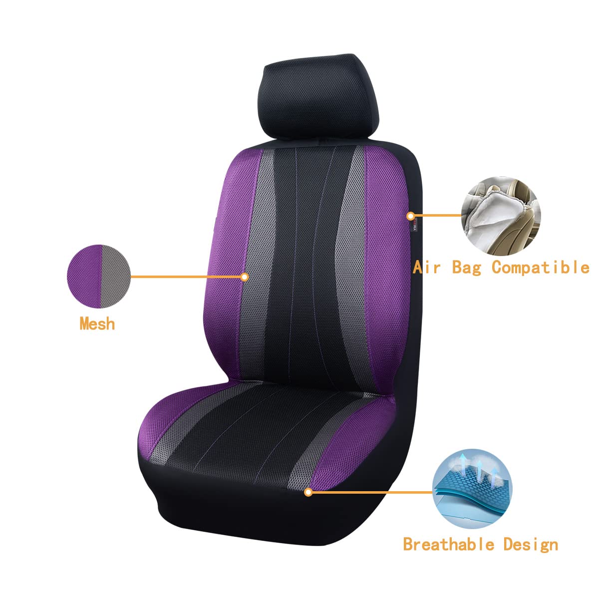 Flying Banner Car Seat Covers Full Set All Air Mesh Breathable Man Lady Airbag Compatible Rear Bench Split 40/60 50/50 60/40 Truck Pick Up (Full Set -- Low Back, Black Gray Purple)