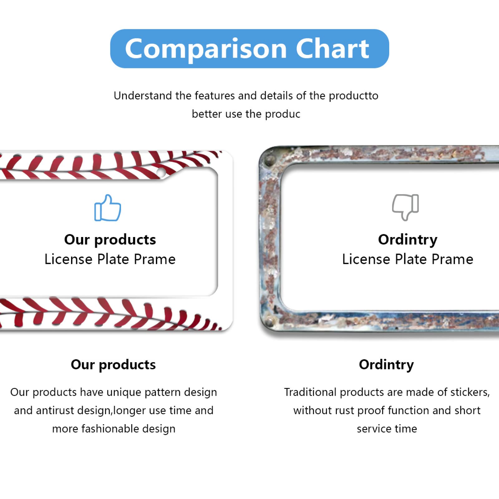 Personalized License Plate Frame Stainless Steel Funny Baseball Texture Pattern Car License Plate Accessory Decorative 2 Holes A