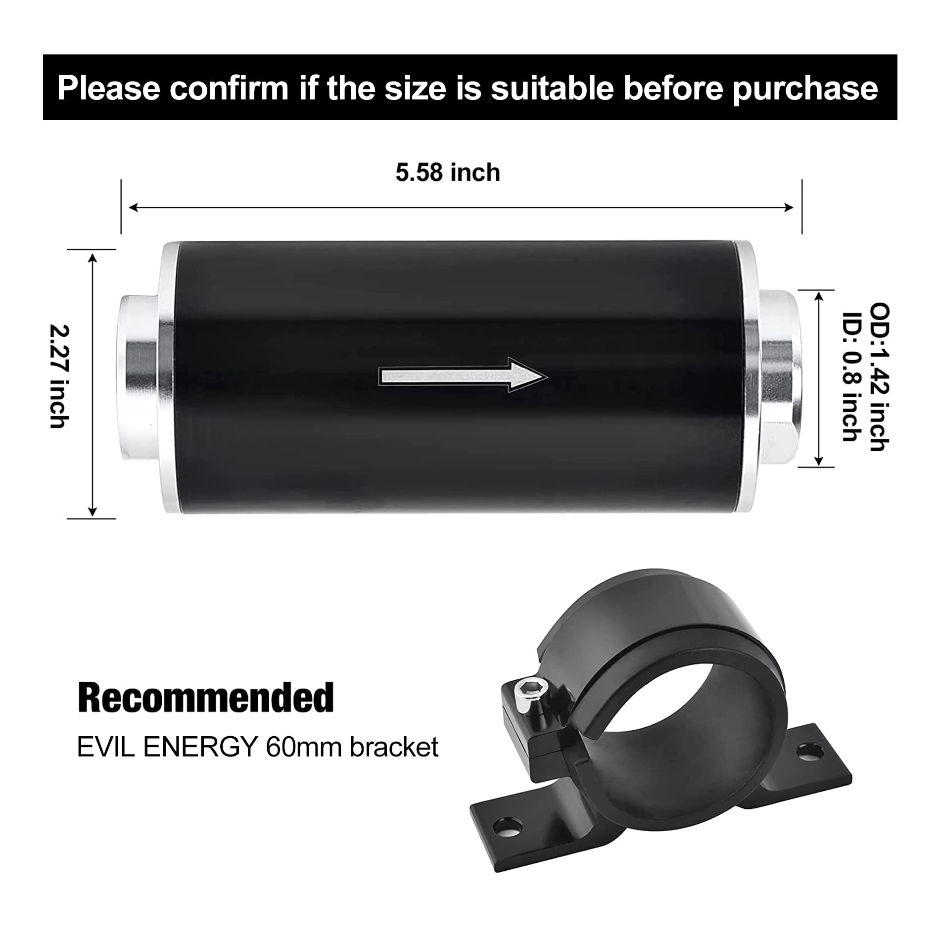 Evil Energy 30 Micron Inline Fuel Filter With 6An 8An 10An Adapter&Bracket Clamp 60Mm Universal