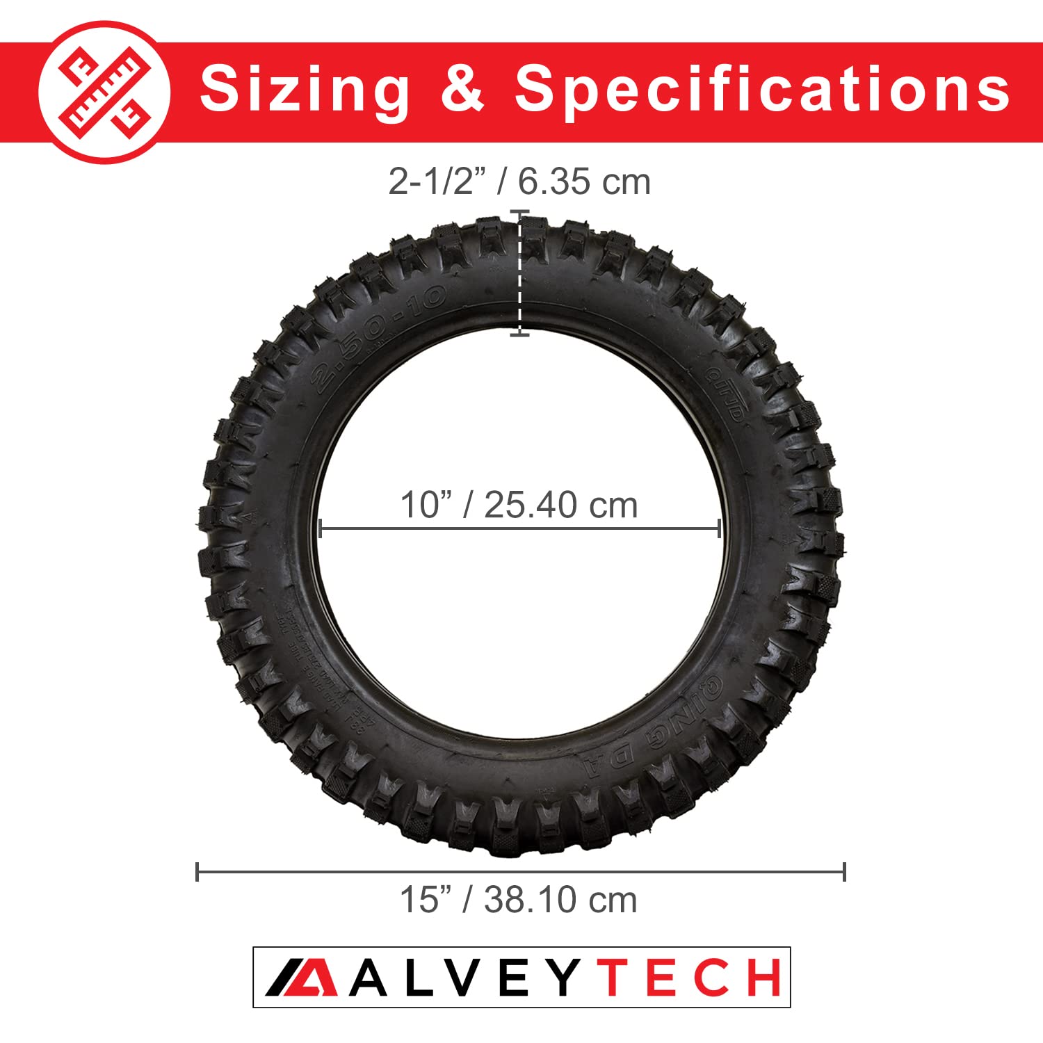 Alveytech 2.50-10 Rear Tire - Fits The Razor Mx500 & Mx650 Dirt Rocket, Back Wheel Replacement, Heavy Duty Rubber Tires For Gas